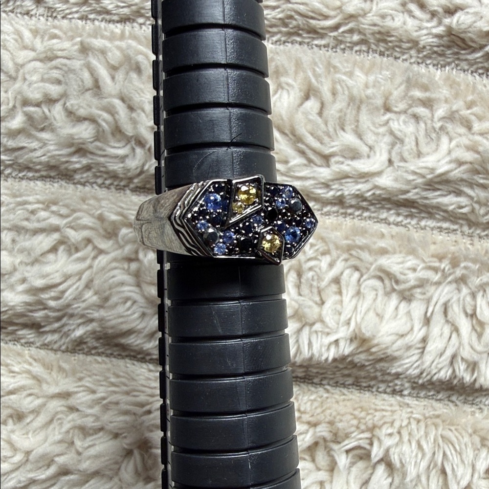John Hardy Silver Band Ring with Black Accent. Purple and yellow stones